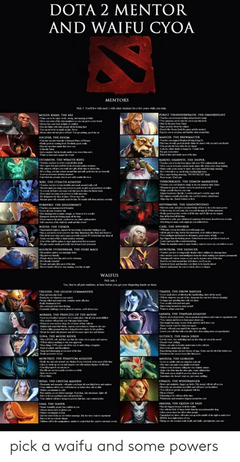 Dota 2 Mentor And Waifu Cyoa Mentors Pick 3 Youll Live With Each 1