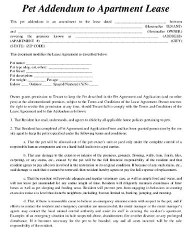 This is addendum to the lease agreement signed on _, 20____, by owner and tenant. FREE 7+ Pet Addendum Forms in PDF | MS Word