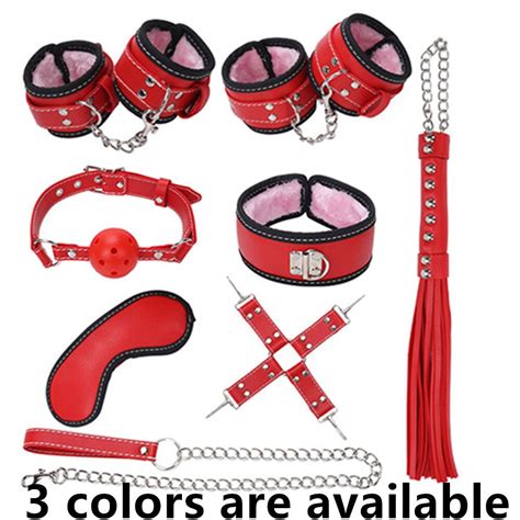 Soft Plush Leather Wrist Ankle Cuffs Mouth Plug Ball Gag Whip Collar Eye Mask In Adult Games