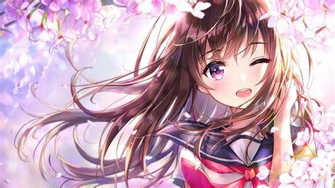Download 2560x1440 Anime Girl Wink Cherry Blossom Cute School Uniform Smiling Wallpapers