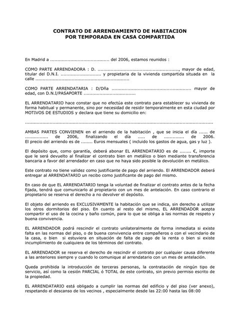 Contrato De Arrendamiento De Habitacion Por Temporada