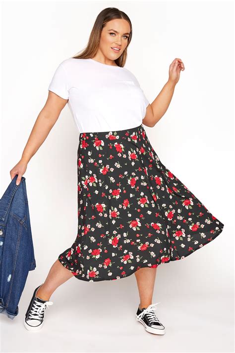 Black Floral Print Midi Skirt Yours Clothing