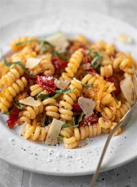 Caramelized Onion Tomato Pasta with Parmesan and Basil