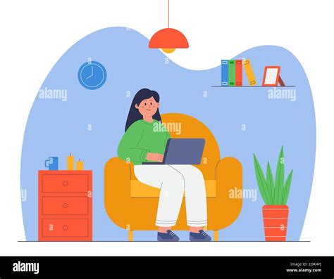 Cartoon Businesswoman Working From Cozy Home Office Young Woman With