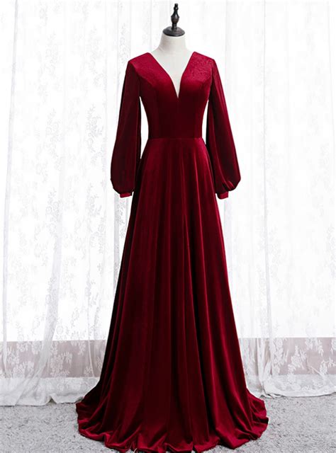 burgundy velvet v neck long sleeve long prom dress prom dresses long with sleeves velvet