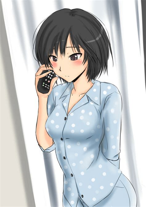 safebooru 1girl amagami black eyes black hair blush bob cut breasts brown eyes cleavage