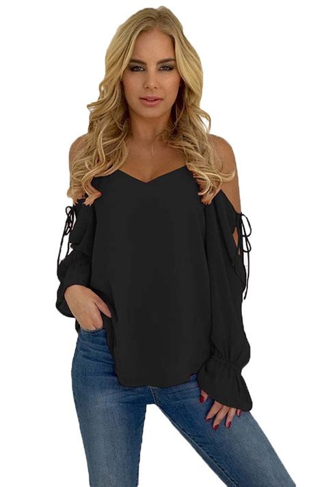 Hualong Black Long Sleeve Cold Shoulder Tops For Women Online Store