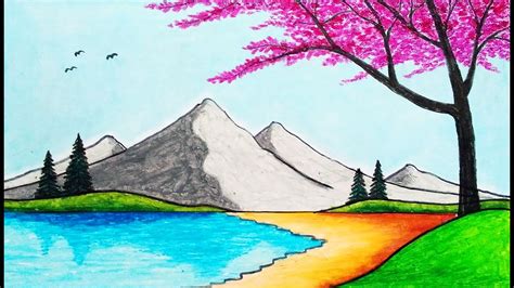 How To Draw Easy Scenery Drawing Spring Season In The Beach Scenery