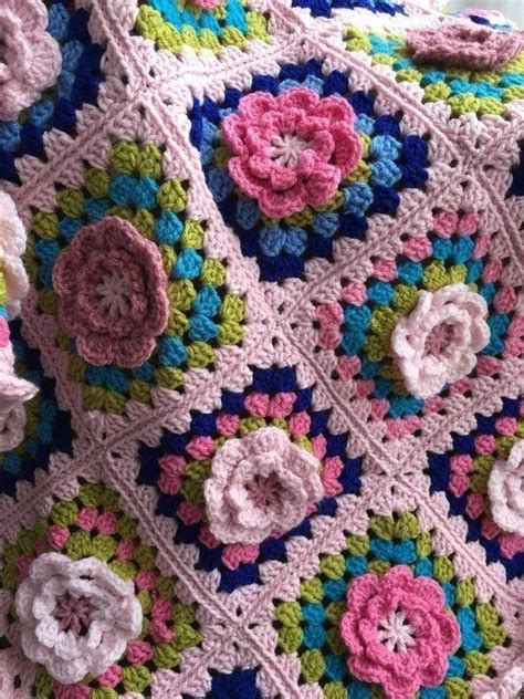 Brightly Colored Granny Square With Flowers And Popsvintage Pink And Blue Granny Afghan