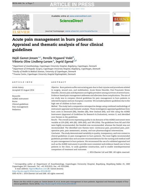 Pdf Acute Pain Management In Burn Patients Appraisal And Thematic