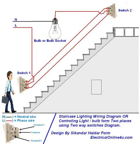 I am unsure about a few things in your question. How to Control a Lamp / Light Bulb from Two places Using Two Way switches For Staircase Lighting ...