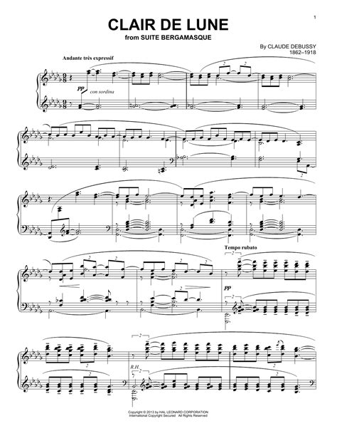 Clair De Lune Sheet Music Claude Debussy Piano Solo