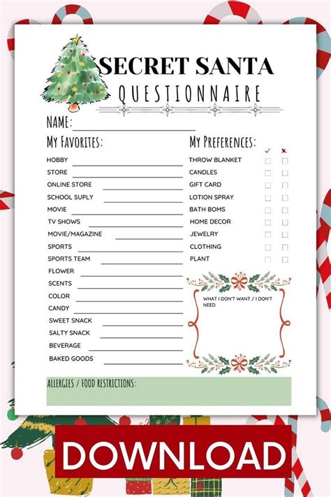 Printable Secret Santa Questionnaire For Christmas T Etsy Canada