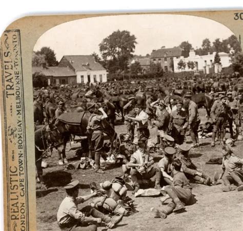 Ww1 Military Stereoview Card British Army Cavalry And Horses In A French
