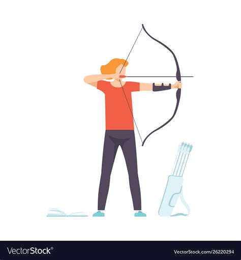 Male Archer Standing With Bow And Aiming To Target