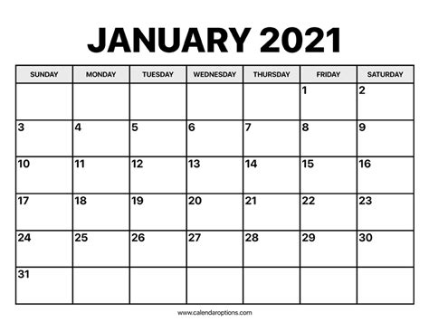 January Calendar 2021 Calendar Options