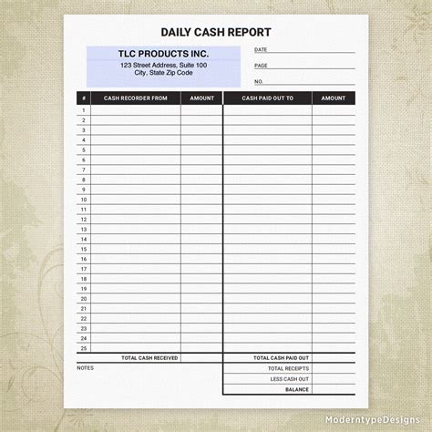 Daily Cash Report Printable Form Personalized