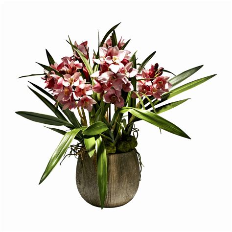 Pink Cymbidium Orchid Artificial Plant Arrangement Green Carved Pot Shop Lifelike Flowers