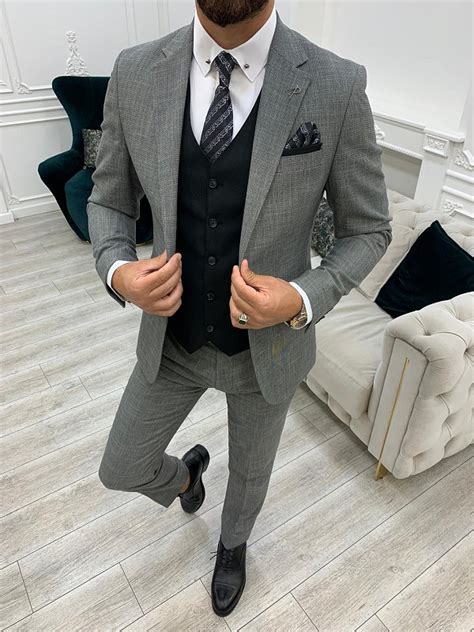 gray slim fit plaid groom suit for men by