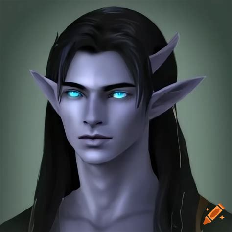 Beautiful Male Elf With Blue Eyes And Light Purple Grey Skin In Fantasy
