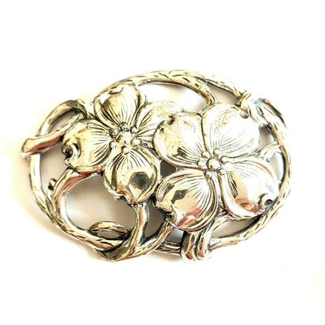 Beau Sterling Silver Dogwood Flower Pin Brooch Floral Oval Singed