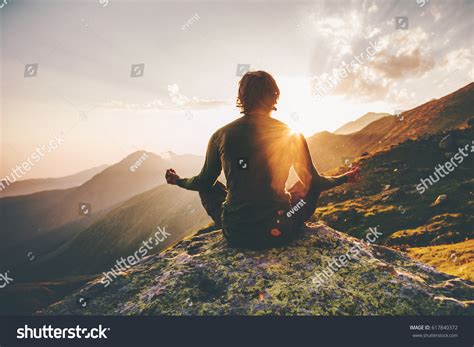 Man Meditating Yoga Sunset Mountains Travel Stock Photo 617840372