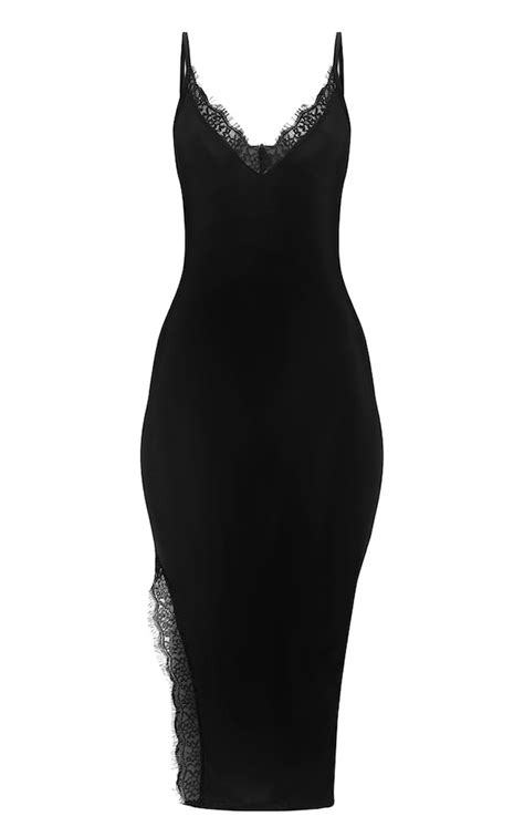 Black Strappy Lace Trim Plunge Extreme Split Midi Dress Prettylittlething Usa