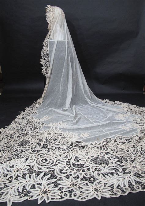 Outstanding Antique Battenberg Lace Cathedral Length Bridal Veil