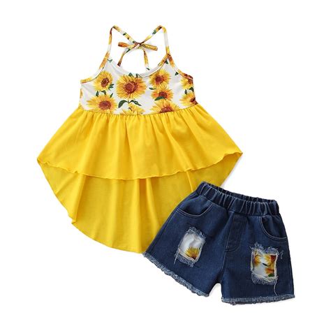 Citgeett Summer Kids Girls Sunflower Print Clothes Set Sleeveless