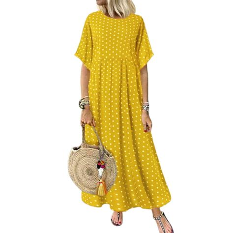 Zanzea Zanzea Womens Polka Dot Short Sleeve Long Dresses Baggy Kaftan