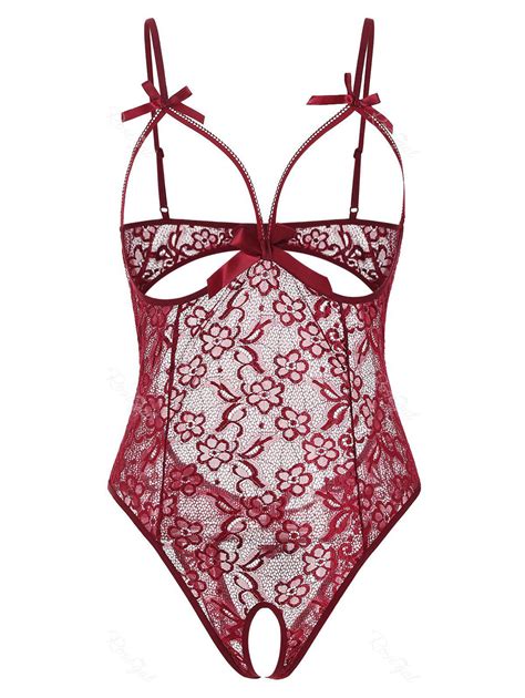 OFF Plus Size Crotchless Flower Lace Bowknot Lingerie Teddy Rosegal