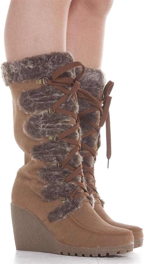 Shoefashionista Womens Brown Suede Ladies Winter Fur Platform Heel Knee High Wedge Boots Size 3