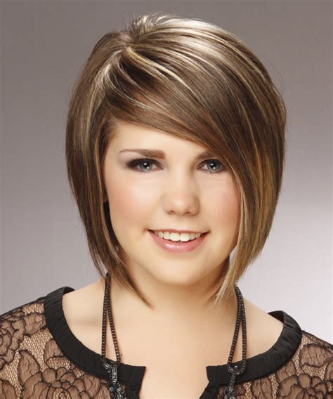 Medium Straight Caramel Brunette Bob Haircut With Side Swept Bangs And