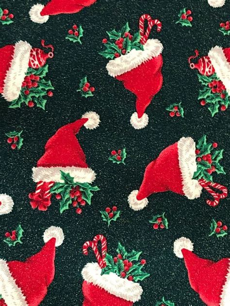 Christmas Cotton Fabric 3 Yards Santa Hats With Holly On Dark Green
