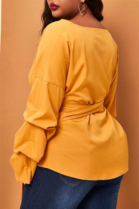 Lovely Casual Lace Up Yellow Plus Size Blouselw Fashion Online For