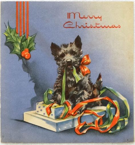 711 30s Scottie Dog Opens The T Vintage Christmas Greeting Card
