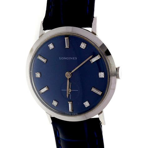Solid 14k white gold case with intricate fancy lugs.case size 29.5mm not including crown. Diamond Dial 1960 14k White Gold Longines 1960 Blue Dial Strap Watch | eBay