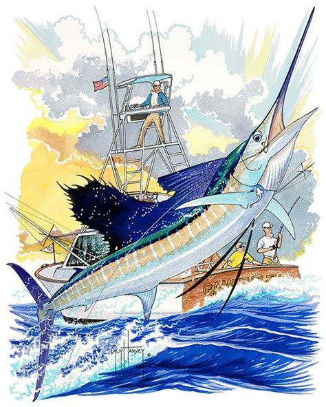 Guy Harvey Sailfish Boat Mens Back Print Tee W Pocket In Navy Blue