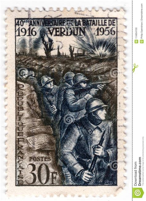 An Old Blue French Postage Stamp With An Of World War One Soldiers In