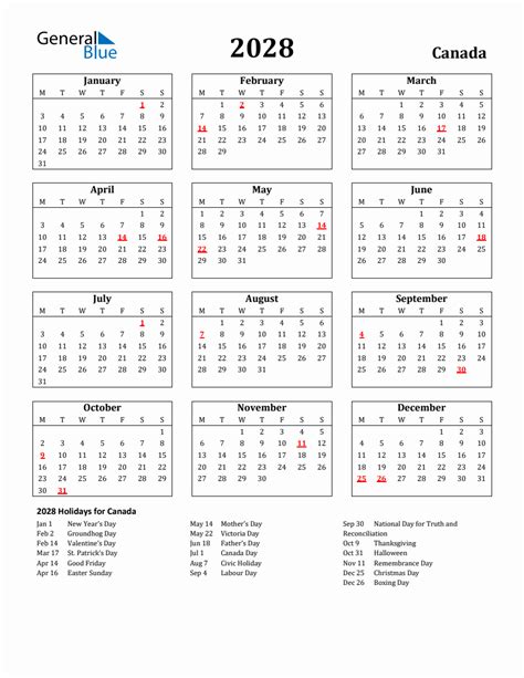 Free Printable 2028 Canada Holiday Calendar