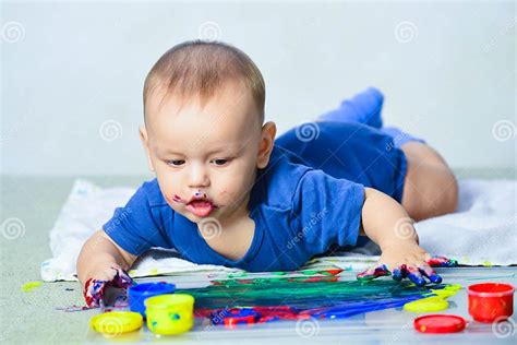 Happy Baby Child Draws With Colored Paints Hands Little Baby Paint By
