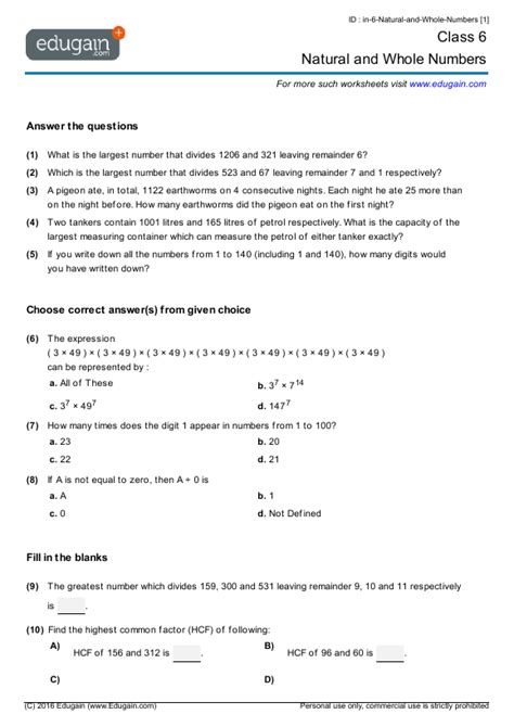 Natural Numbers And Whole Numbers Class 6 Worksheets