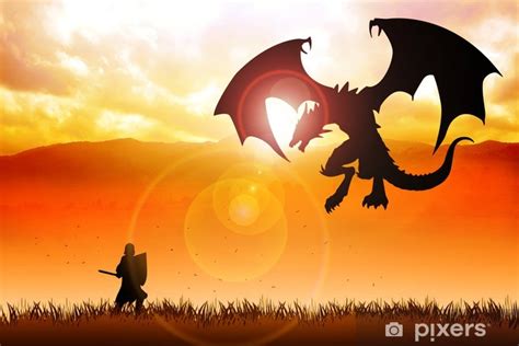 Wall Mural Silhouette Illustration Of A Knight Fighting A Dragon