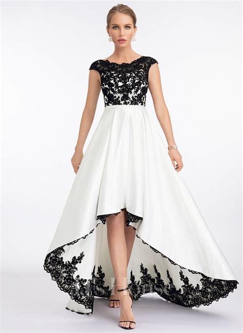 A Line Scoop Illusion Asymmetrical Lace Satin Prom Dresses 018221177