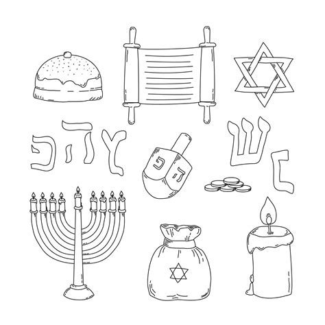 Hanukkah Traditional Jewish Holiday Doodle Symbols Set Isolated