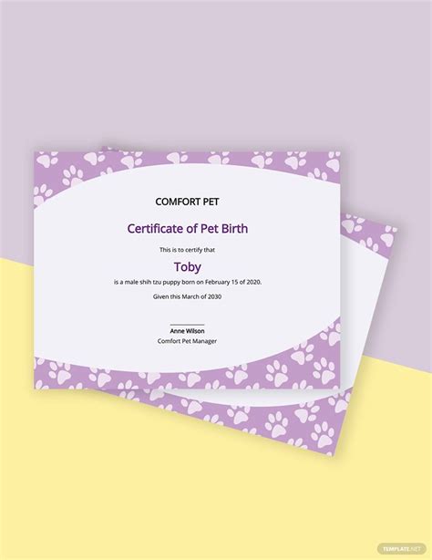 Creative Pet Birth Certificate Template In Word Pages PSD Illustrator Publisher InDesign