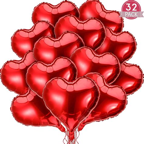 Gejoy 32 Packs Red Heart Balloons 18 Inch Red Heart Shaped Foil