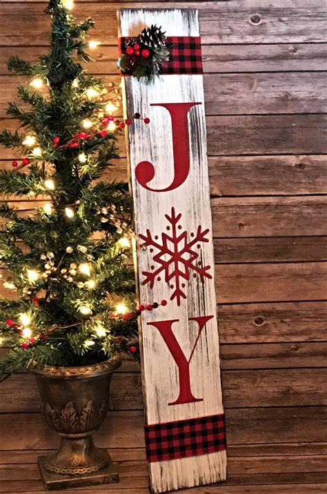 Rustic Joy Sign Christmas Porch Sign Buffalo Plaid Porch Sitter
