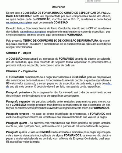 Modelo De Contrato Termo De Compromisso De Comissão De Formatura