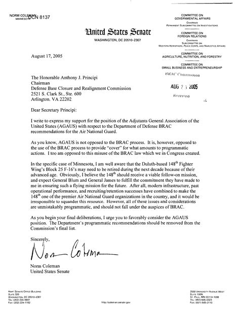 Executive Correspondence Letter From Senator Norm Coleman Minnesota